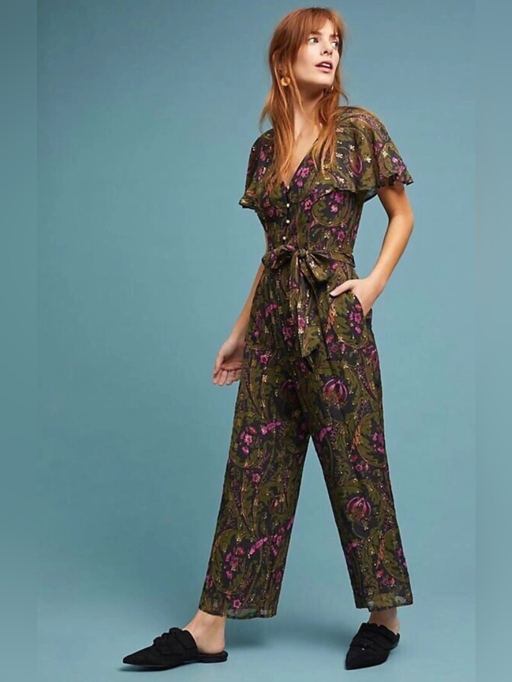Anthropologie Olive & Purple Floral Tie-Waist Jumpsuit